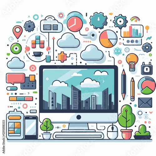 computer, digital, business, technology, communication, laptop, tech, work, office, web, internet, design, employee, vector, information, monitor, pc, modern, device, person, electronic, desktop, scre