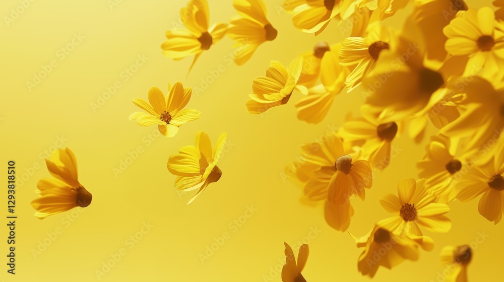 Obraz premium A soft yellow floral background with delicate floating flowers, perfect for banners, greeting cards, website design, and creative projects. Generative AI