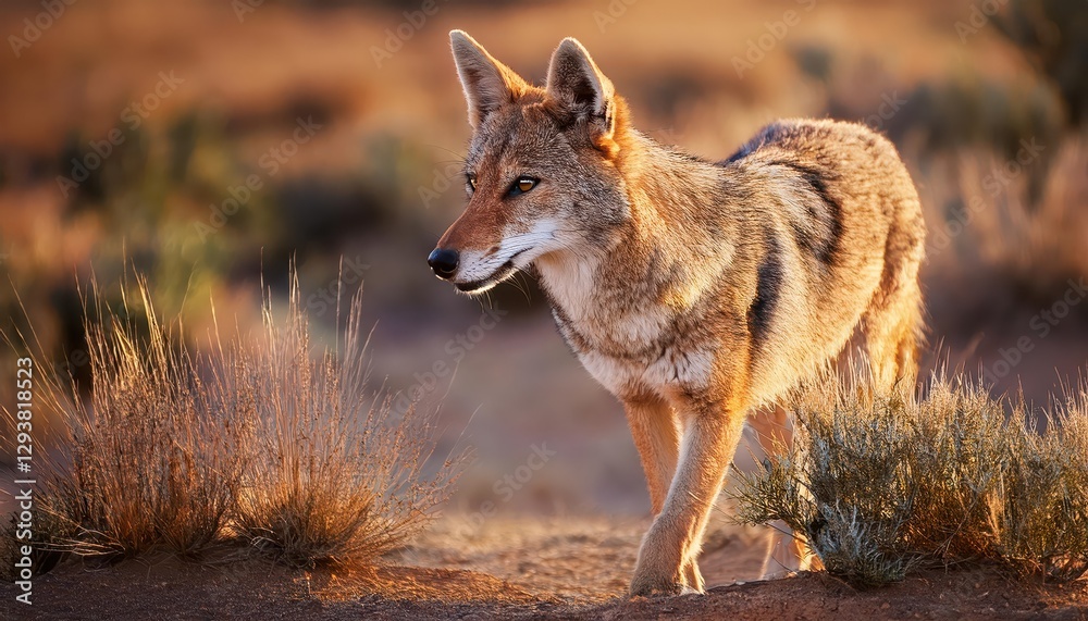 Dusks Lone Sentinel Captivating Wild West Portrait of a Solitary Coyote amidst the Stirring Red Rock Desert Landscape, Bathed in Warm Sunset Hues. Dusks Lone Sentinel Captivating Wild West Portrait of a Solitary Coyote amidst the Stirring Red Rock Desert Landscape, Bathed in Warm Sunset Hues.