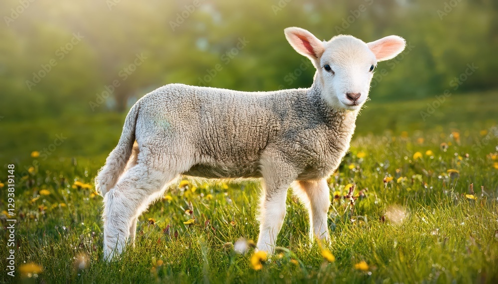 Adorable Little Lamb Grazing in Lush Green Meadow amidst Blossoming Spring Scenery Vibrant and Peaceful Pastoral Haven Adorable Little Lamb Grazing in Lush Green Meadow amidst Blossoming Spring Scenery Vibrant and Peaceful Pastoral Haven