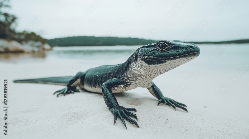 Naklejka premium A dark-colored lizard basks on a pristine white sand beach near tranquil water.
