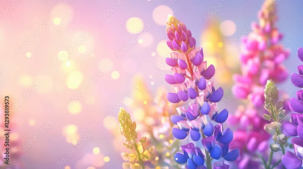 Naklejka premium Colorful lupin flowers bloom under soft sunlight with a dreamy bokeh background in a serene garden setting