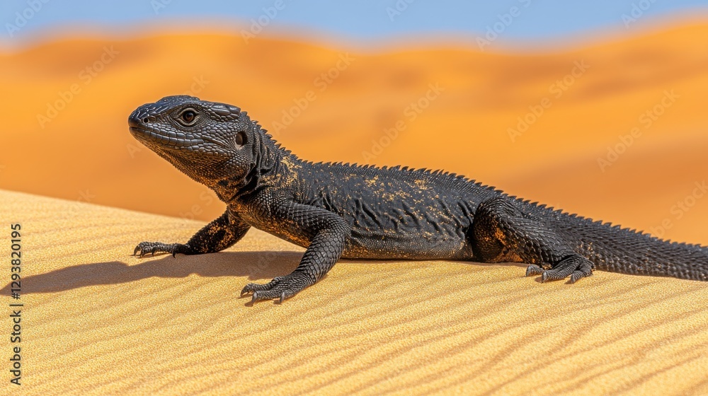Fototapeta premium A desert lizard basks in the sun, its dark scales contrasting sharply against the golden sand dunes.