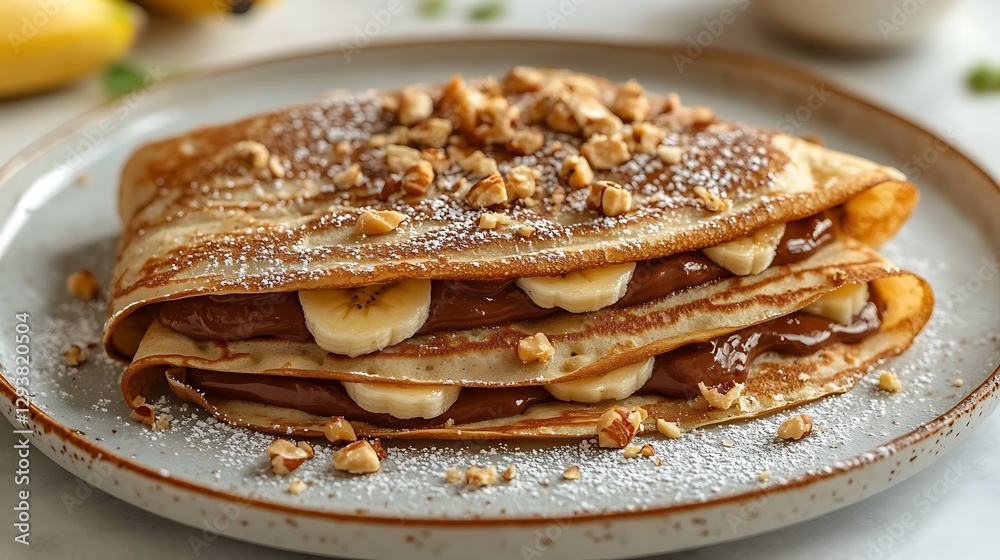 Elegant crepe dessert professionally folded, richly filled with Nutella and bananas, beautifully garnished with crushed hazelnuts, contemporary minimalist plating on polished marble surface, Elegant crepe dessert professionally folded, richly filled with Nutella and bananas, beautifully garnished with crushed hazelnuts, contemporary minimalist plating on polished marble surface,