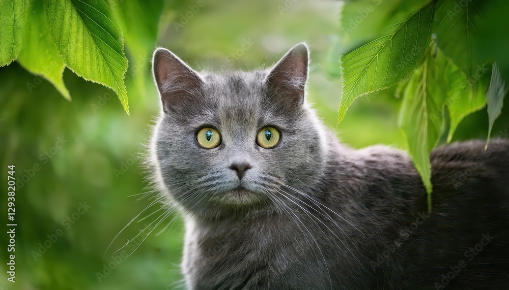 Gray Cat Portrayed beneath Lush Green Canopy, Capturing Serene Tranquility in a Whimsical Forest Scene, with Autumnal Shades and Tactile Fur Textures. Gray Cat Portrayed beneath Lush Green Canopy, Capturing Serene Tranquility in a Whimsical Forest Scene, with Autumnal Shades and Tactile Fur Textures.