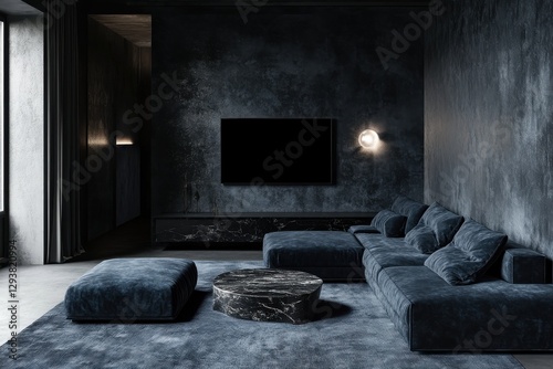 Modern Dark Living Room with Textured Walls and Stylish Furniture