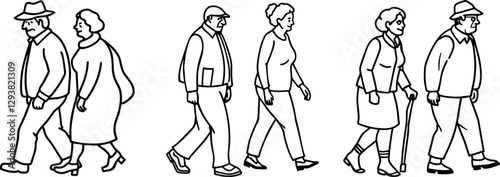 elderly couple walking outline vector illustration