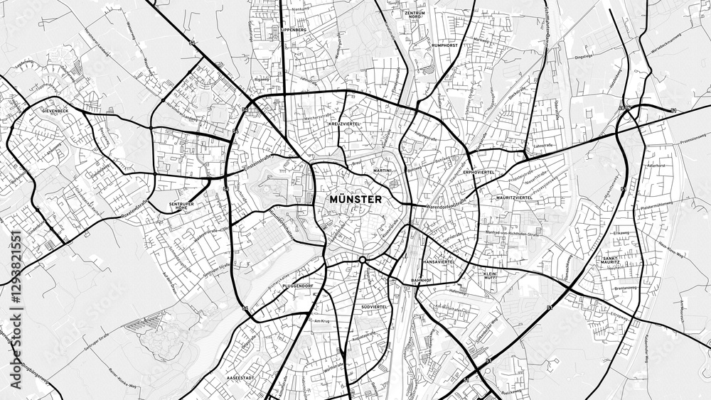 Minimalist Münster Street Map with Labels and Neighborhoods