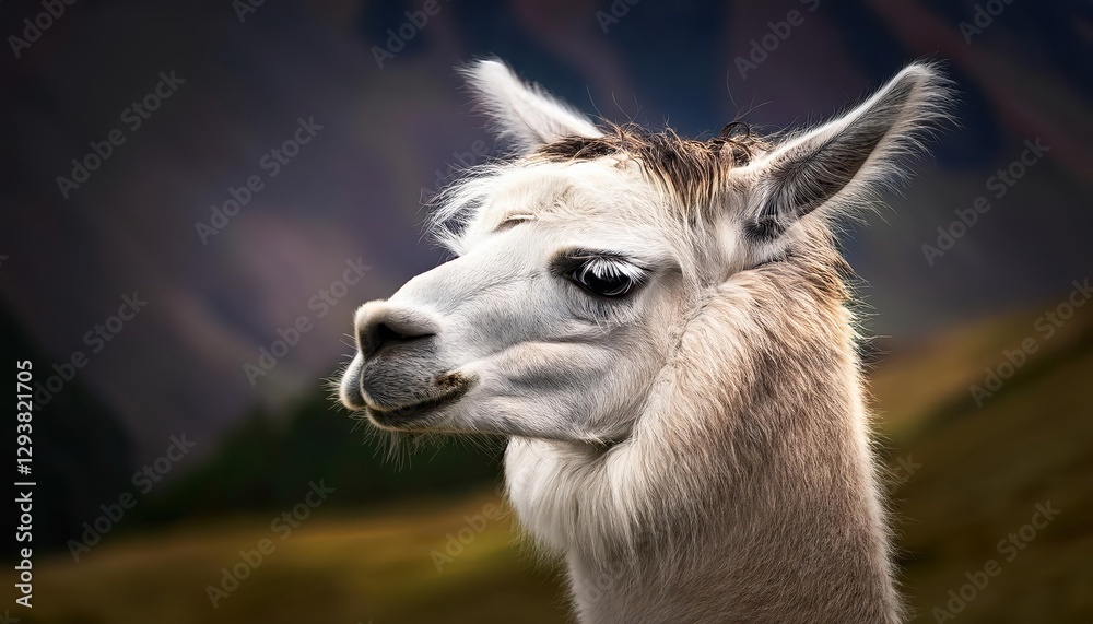 Obraz premium Striking Andean Llama Portrait, Captured Against a Backdrop of Bold Alpine Landscape with Vivid Greens and Majestic Mountains in the Highlands, Exuding Serene and Mysterious Energy.