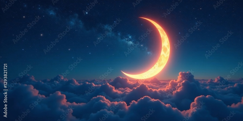 Fototapeta premium Crescent Moon above a Sea of Clouds at Night with a Starry Sky