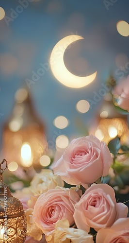 Pink roses, lanterns, crescent moon, night sky