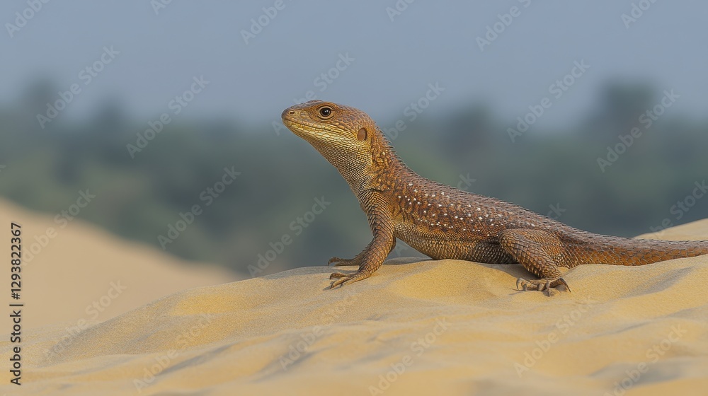 A speckled lizard basks in the sun atop a sand dune, its gaze directed towards a blurred background of vegetation. A speckled lizard basks in the sun atop a sand dune, its gaze directed towards a blurred background of vegetation.