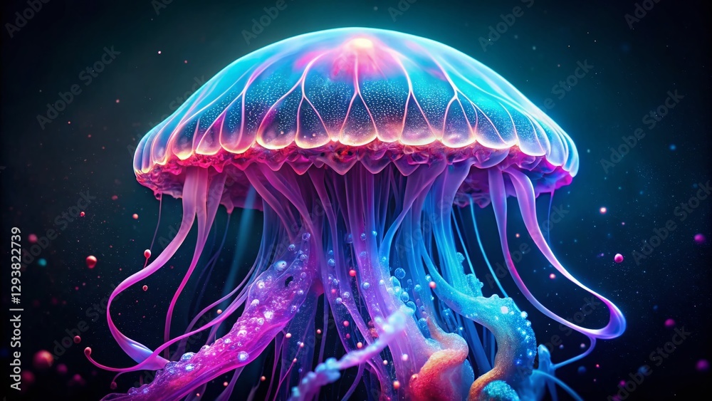Fototapeta premium Abstract Pink & Blue Jellyfish in Electric Ocean - Illuminated Plasma Creature Portrait
