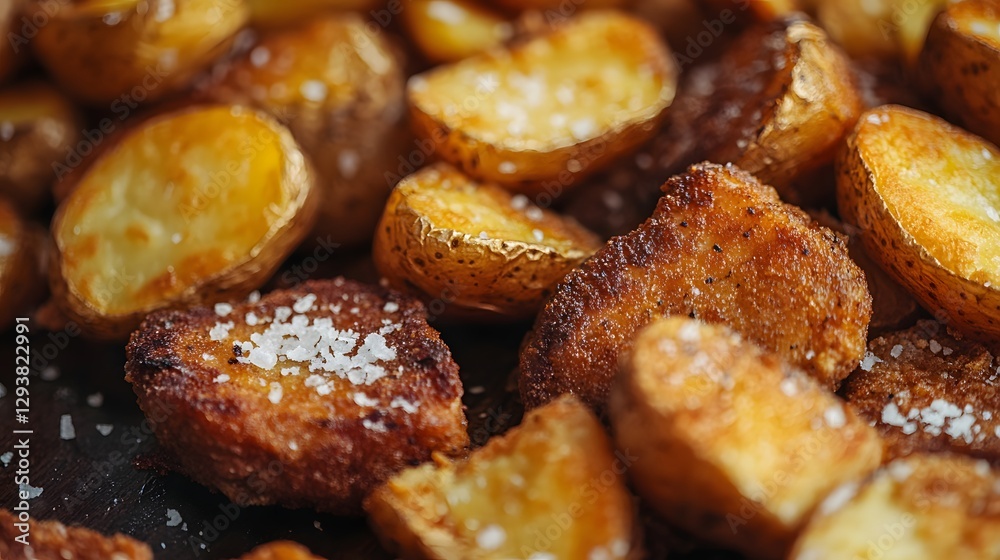 Golden brown roasted potatoes sprinkled with sea salt crystals Golden brown roasted potatoes sprinkled with sea salt crystals