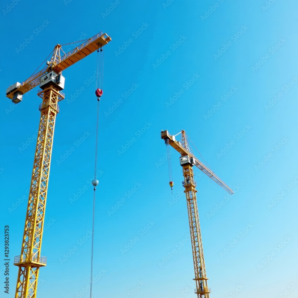Construction cranes hoisting materials against a vibrant blue sky , building, growth Construction cranes hoisting materials against a vibrant blue sky , building, growth