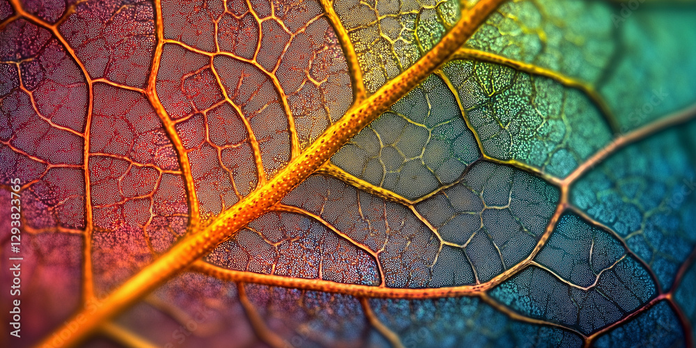 Obraz premium Vibrant leaf skeleton texture with veins and cells, macro shot