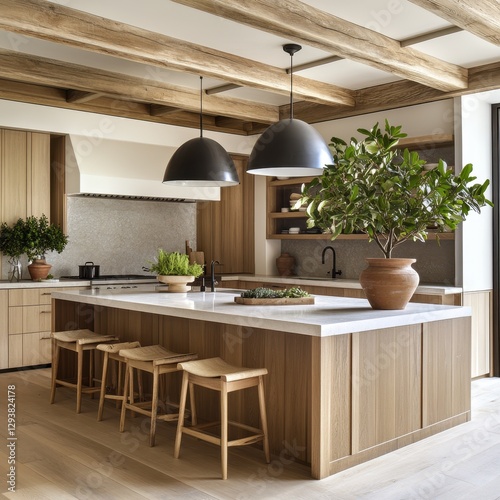 Modern kitchen with wooden cabinetry and exposed beams photo