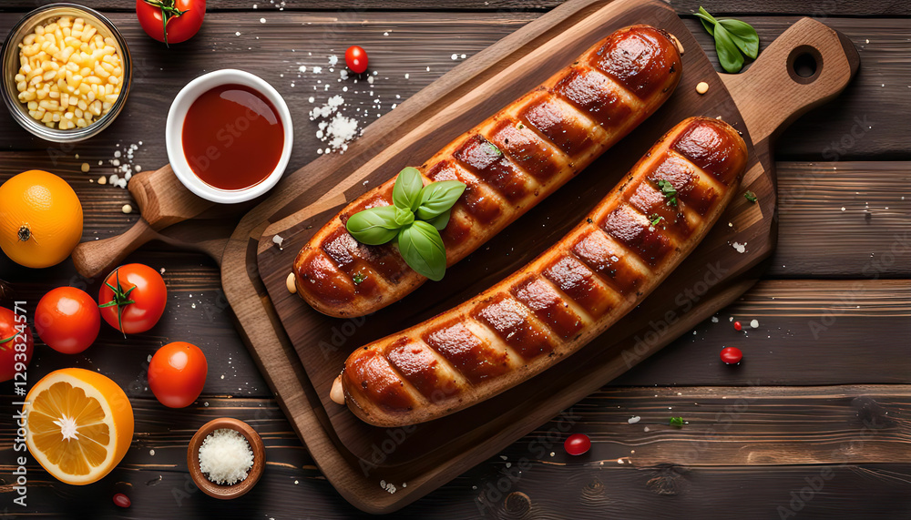 Grilled Sausages on a Wooden Board Grilled Sausages on a Wooden Board