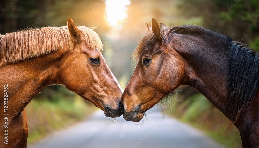 Naklejka premium Intimate Moment Between Two Horses Stallion and Mare Nuzzling in a Forest Clearance on a Rural Road at Sunset, Capturing a Poignant Bond Filled with Respect and Affection.