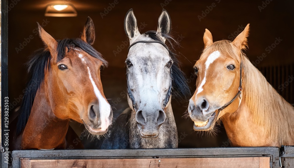 Naklejka premium Three Cheerful Horses Smiling in their Stable A Charming Equine Portrait Bathed in Natural Light, Radiating Joy and Warmth
