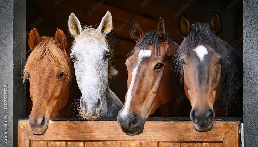 Obraz premium Three Playful Horses Smiling in a Stable A Joyous Scene of Equine Friendship Bathed in Natural Light, Capturing the Charm and Warmth of Equestrian Life.