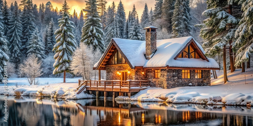Fototapeta premium Chalet villa with a stone chimney nestled in a winter forest, surrounded by snow-covered trees and a frozen lake in the background , wooden chalet, rustic charm