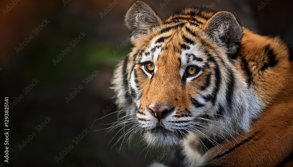 Portrait of a Majestic Bengal Tiger in lush Jungle at Sunset, showcasing Vibrant Orange Fur and Intense Blue Eyes, Beneath the Sapphire Sky, Capturing the Wild and Mysterious Spirit of the Portrait of a Majestic Bengal Tiger in lush Jungle at Sunset, showcasing Vibrant Orange Fur and Intense Blue Eyes, Beneath the Sapphire Sky, Capturing the Wild and Mysterious Spirit of the