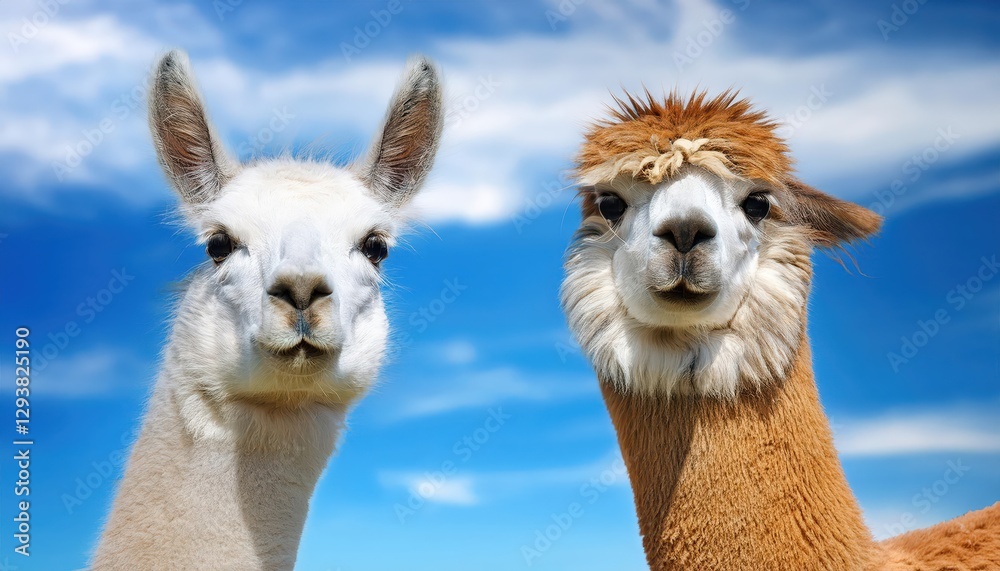 Obraz premium Stunning Portrait of Two Alpacas Against a Vast Blue Skyscape South American Camelids Grazing Peacefully Amidst Serene Landscapes