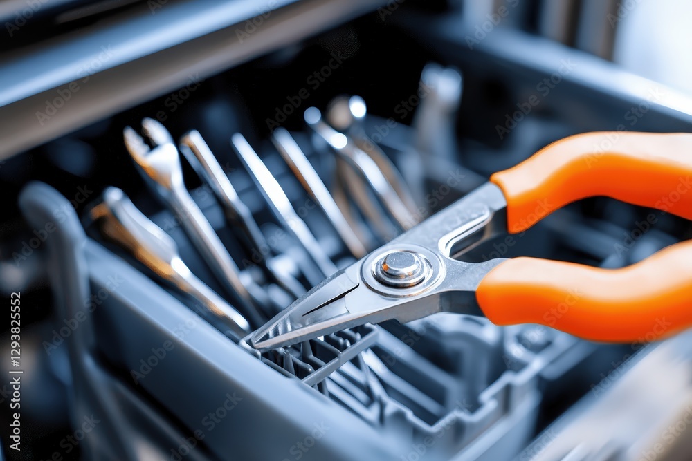 Fototapeta premium Close-up View of Various Tools Arranged Neatly for Repairing a Broken Dishwasher at a Home Repair Site