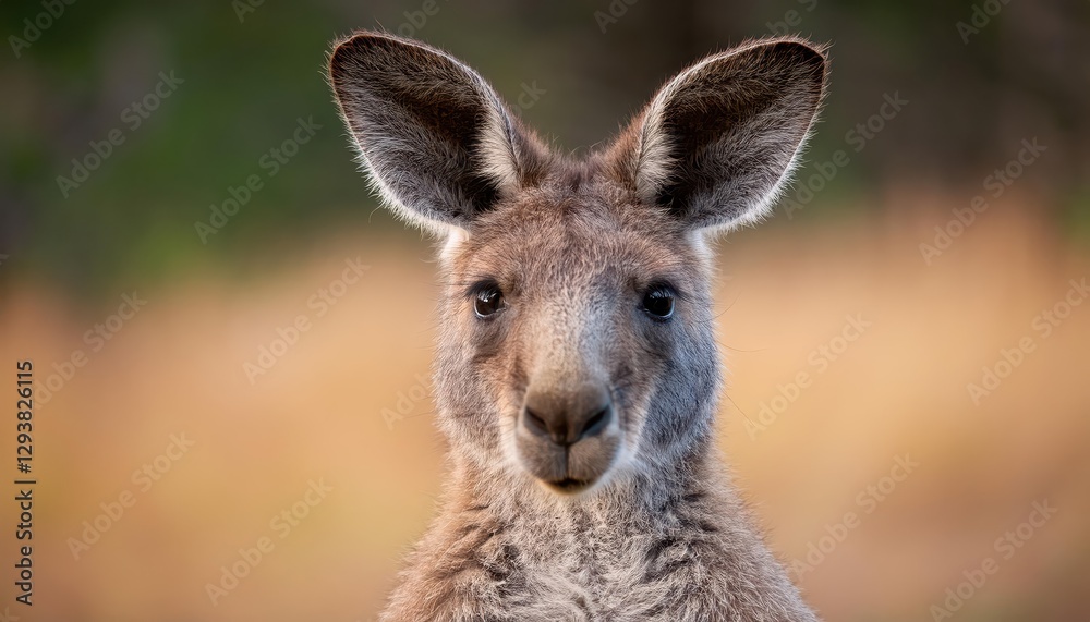 Striking Portrait of a Young Eastern Grey Kangaroo Macropus giganteus, Gazing Directly at Camera with Energetic Vigor and Curiosity in an Australian Outback Sunset. Striking Portrait of a Young Eastern Grey Kangaroo Macropus giganteus, Gazing Directly at Camera with Energetic Vigor and Curiosity in an Australian Outback Sunset.