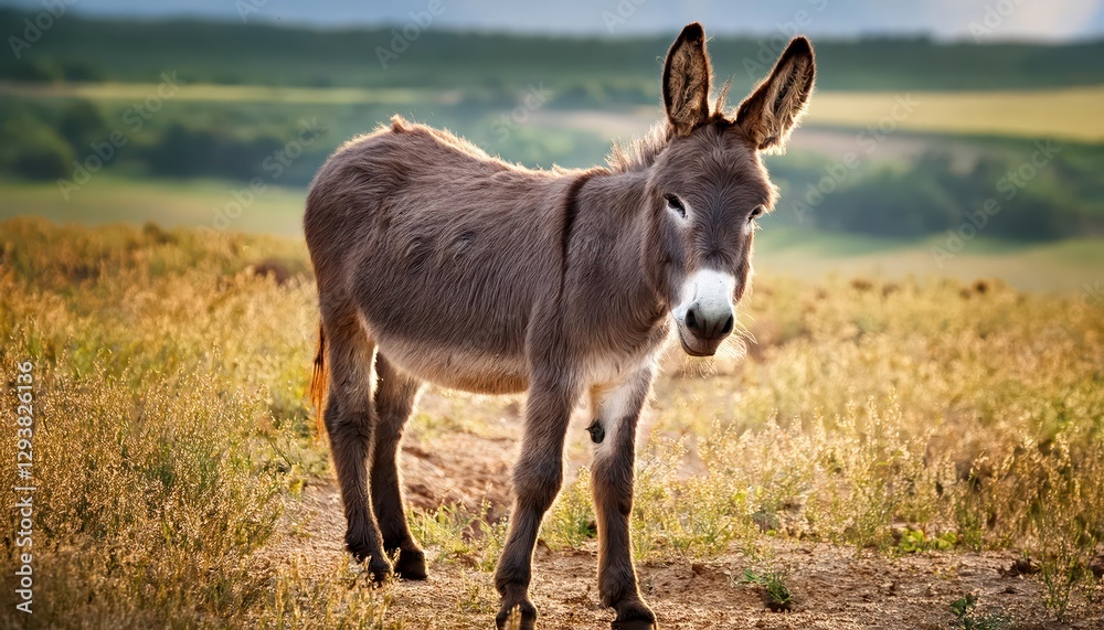 Gray and Brown Young Donkey Gazing into the Distance, Amidst a Lush Field at a Peaceful Farm, Capturing the Tranquil Serenity of Rural Life. Gray and Brown Young Donkey Gazing into the Distance, Amidst a Lush Field at a Peaceful Farm, Capturing the Tranquil Serenity of Rural Life.