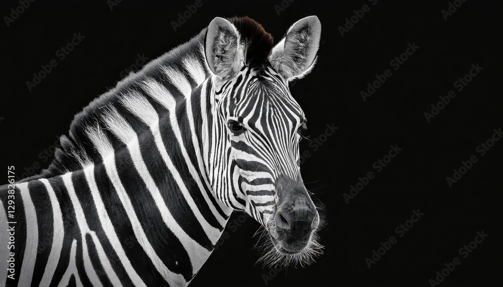 Naklejka premium Monochrome Portrait of a Majestic Zebra in Striking Black and White, Captured at Twilight on February th, . Emphasizes the Wild Beauty and Dramatic Textures of this Iconic African Mammal.