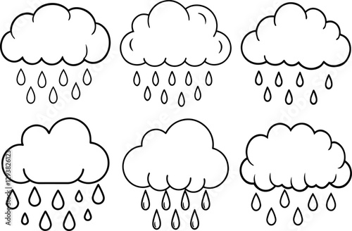Set of rain cloud with raindrops outline vector illustration