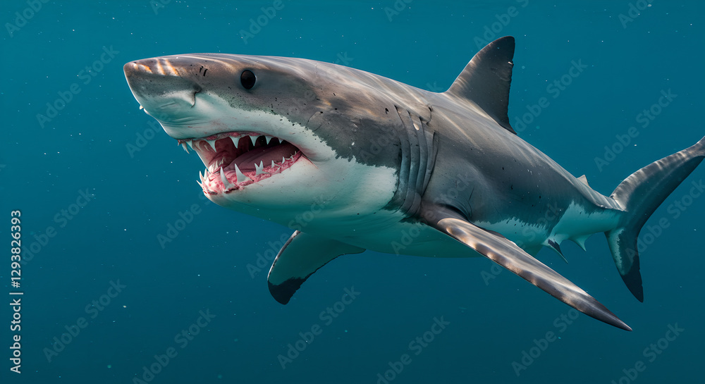 Naklejka premium Great white shark swimming in deep turquoise ocean water. Powerful marine predator showing teeth. Dangerous wild sea creature in natural habitat. Underwater wildlife for nature documentary