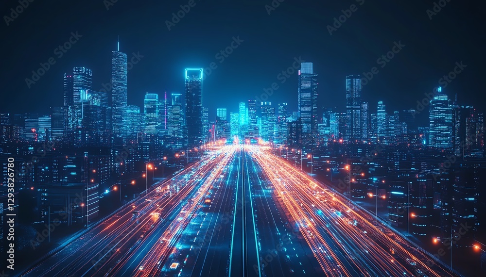 Futuristic smart cityscape, long exposure of the highway foreground, city skyline at night with glowing lights, visible wireless networks, ultradetailed 8K render