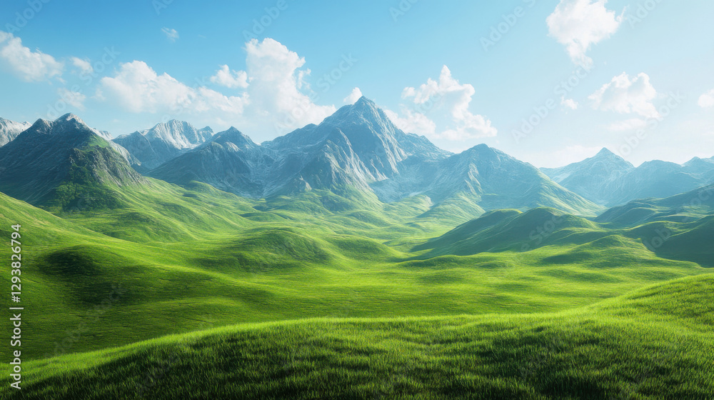 A tranquil landscape of endless green hills leading to towering mountain peaks A tranquil landscape of endless green hills leading to towering mountain peaks