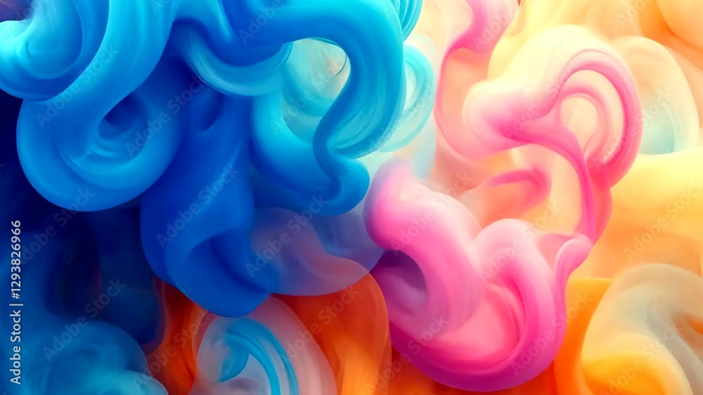 Abstract colorful smoke cloud with blue, pink, and orange hues on bright background