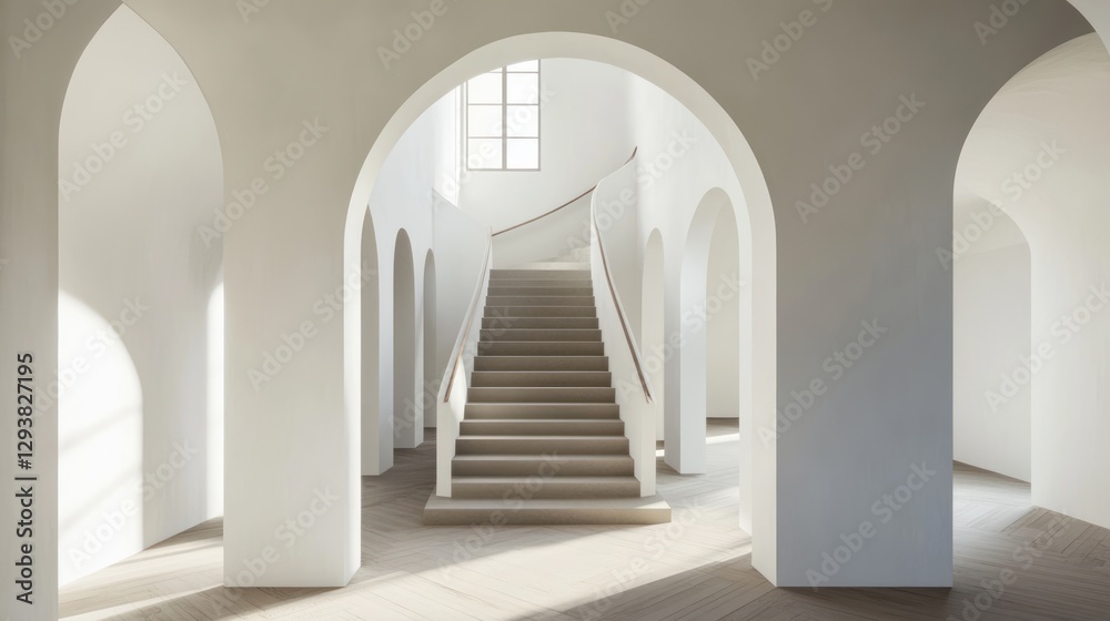 Obraz premium Modern, light-filled, arched hallway, spiral staircase, interior design, elegant