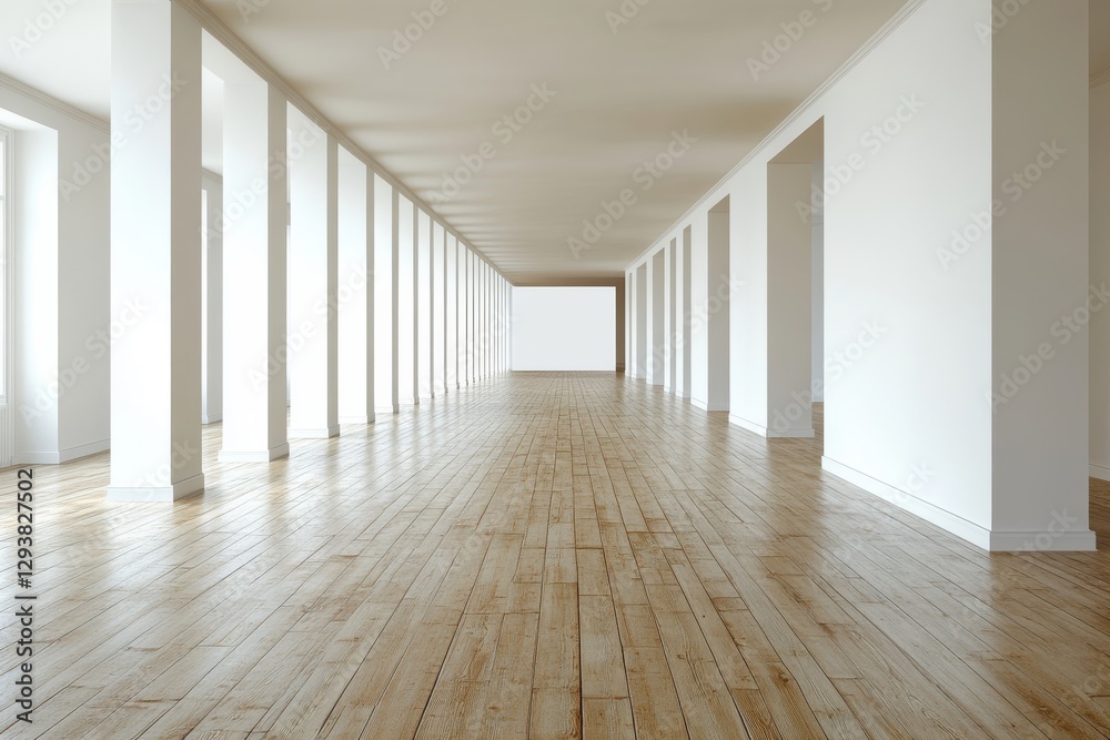 Fototapeta premium Empty Modern Hallway with Wooden Floors and Bright White Walls