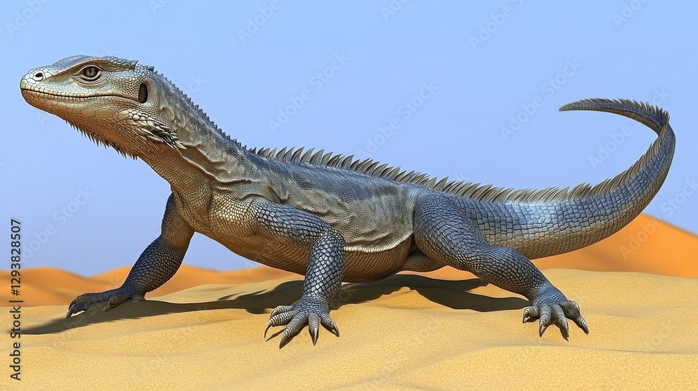 Fototapeta premium A large lizard navigates a sandy desert landscape under a clear blue sky.