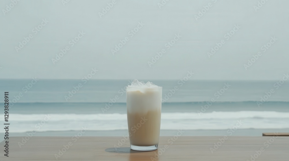 A summer beachside cafe with a glass of iced latte on a wooden table, condensation dripping down the sides A summer beachside cafe with a glass of iced latte on a wooden table, condensation dripping down the sides