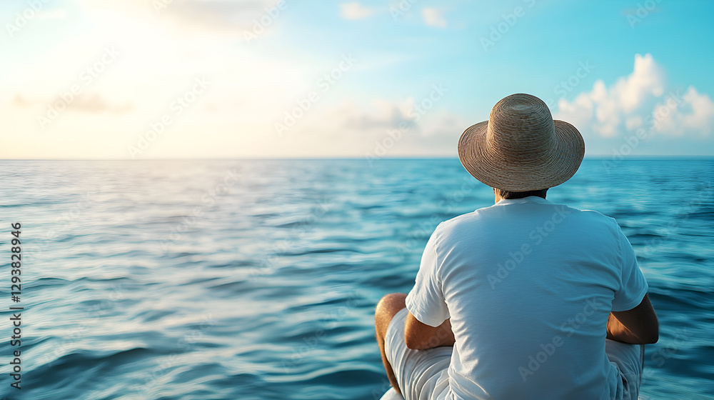 Fototapeta premium A man in a straw hat sits on the edge of a dock, gazing at the endless ocean. A perfect image for travel, relaxation, and self-reflection themes. Selective focus