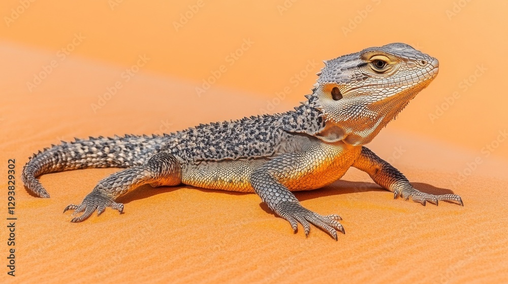 Naklejka premium A desert reptile basks in the sun, its intricate scales and powerful limbs showcasing its desert adaptation.