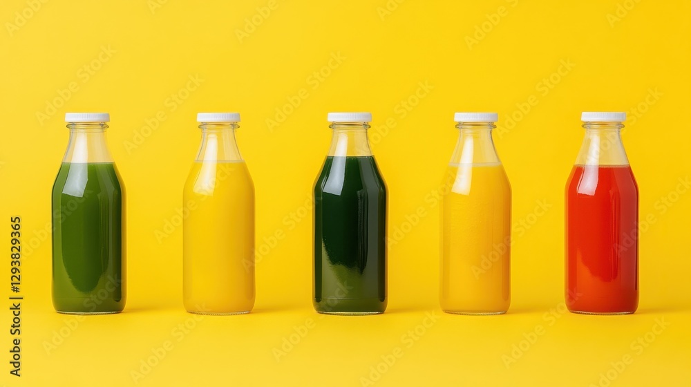 A row of freshly squeezed juices in transparent glass bottles A row of freshly squeezed juices in transparent glass bottles