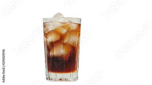 Cold brew coffee in a tall glass with ice cubes, modern coffee culture concept, isolated on a white background 