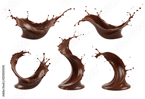 A beautiful 3D Dynamic Chocolate Splash Collection Liquid Swirl Set in transparent Background 