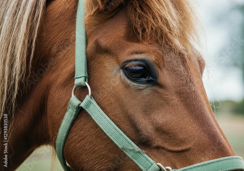 Chestnut horse wearing green halter, highlighting soft gaze and elegant facial features against soft focus background suggesting calm, noble temperament