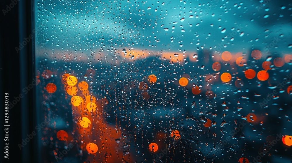Obraz premium Rainy Night Cityscape Through Window