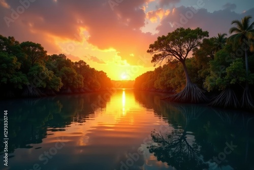 Golden sunrise paints tranquil mangrove lagoon, mirrored roots in still water, tranquil, landscape, sun