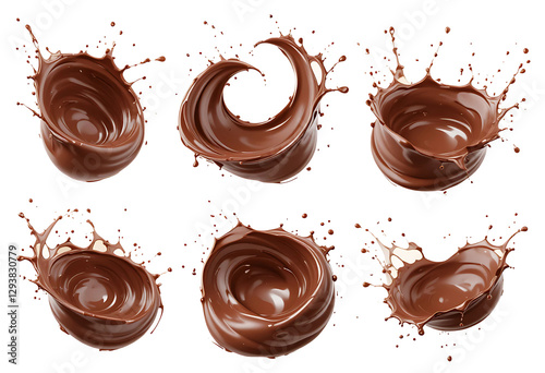 A beautiful 3D Dynamic Chocolate Splash Collection Liquid Swirl Set in transparent Background 